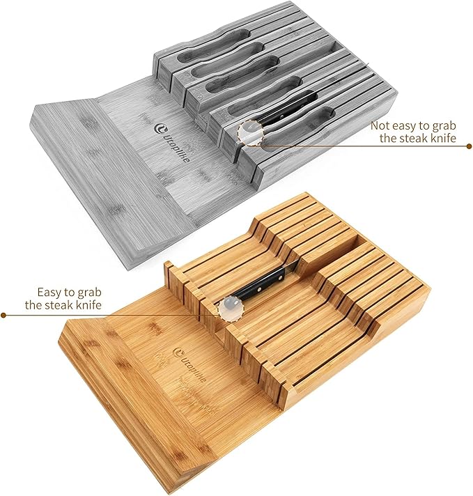 Utoplike in-Drawer Knife Block Bamboo Kitchen Knife Drawer Organizer, Handle Steak Knife Holder Without Knife, Fit for 12 Knives and 1 Sharpening Steel (Knives Not Included)