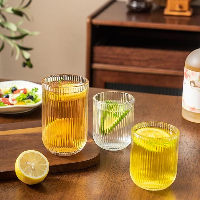 Ribbed Drinking Glasses 8pcs, Rocks Drinking Glasses 12oz and 10oz, Tumbler Glasses Cup Set for Wedding, Party, Christmas Gift, Clear