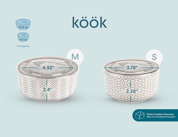 KooK Serving Bowls, with Lids, Ceramic Nesting Bowls, Set of 4, Embossed, Kitchen, Prep, Stackable, Gift, Microwave and Dishwasher Safe, 10/16/29/47 oz, Narbonne Collection (Ivory)