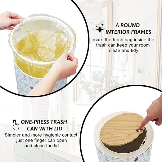 Trash Can with Lid Seamless Ribbons Blueberry Flowers Press Top Round Small Garbage Bin with Wooden Legs Waste Basket for Kitchen Bedroom Nursery 7L/1.8 Gallon