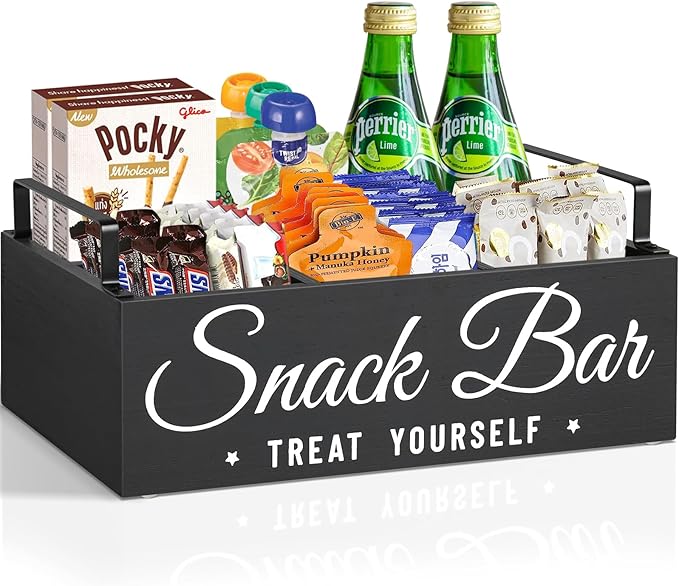 Unistyle Wood Pantry Storage Bins with Handles, Snack Organizer for Countertop, 4 Compartment Food Container Snack Box, Black