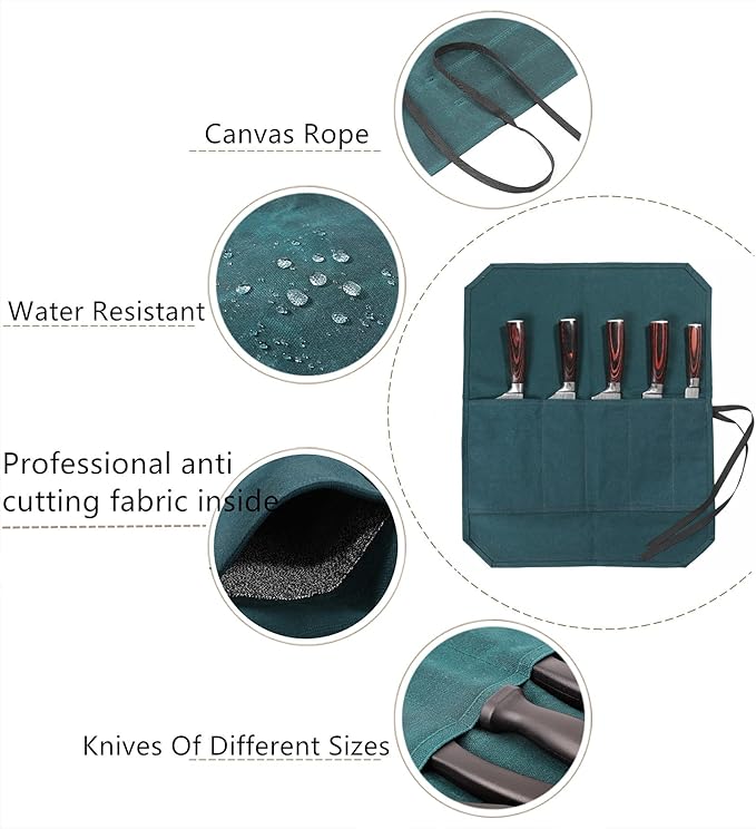 Chef's Knife Roll Bag, Heavy Duty Waxed Canvas With Cut-Resistant Lining Knife Bag (5 Slots, DarkGreen)