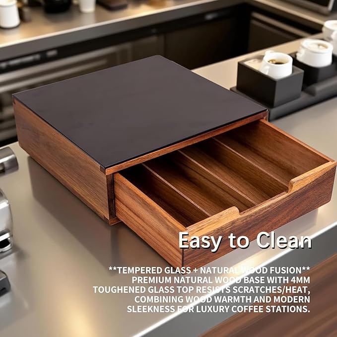 Tempered Glass and Natural Wood Coffee Pod Drawer Organizer - 20 Capsule Multifunctional K Cup Storage | Countertop Coffee Station Organizer for Home/Office (Black)