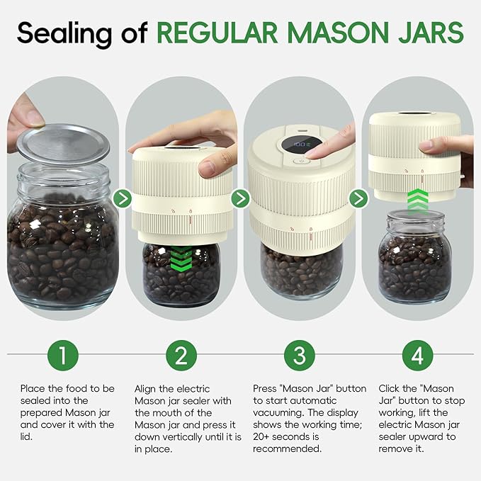 Mason Jar Vacuum Sealer Kit, Electric Sealer for Wide and Regular Mouth Mason Lids, Canning Vacuum Sealer Mason Jar, Automatic Vacuum Sealer Machine for Food Storage - Ivory