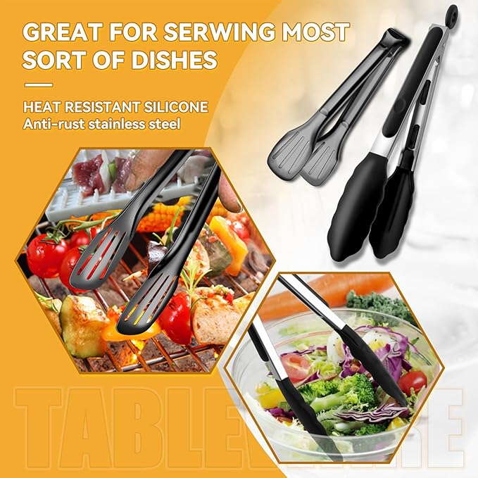 Black Stainless Steel Serving Utensils Set, Large Metal Serving Spoons, Slotted Spoons, Forks, Tongs, Soup Spoons, Skimmer Spoon, Cake Server for Partie, Buffet, Catering, Entertaining 15pcs