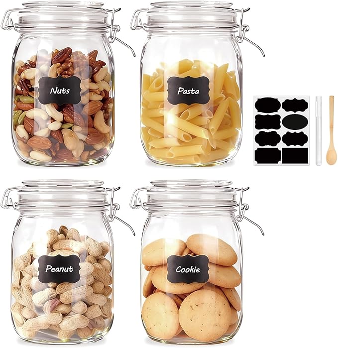 Glass Kitchen Storage Canister Mason Jars with Lids,32oz Airtight Glass Canister with Hinged Lid，Perfect for Kitchen Canning Cereal,Pasta,Sugar,Beans (Labels & Chalk Marker)-Set of 4
