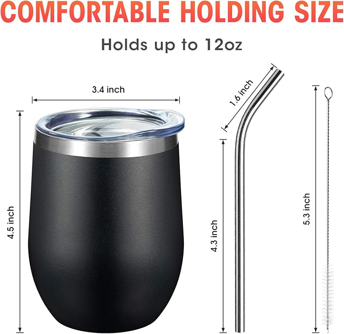 COMOOO 12oz Stainless Steel Drinking Cup - Bulk with Lid and Straw, Double Wall Vacuum Insulated, for Hot and Cold Drinks, Coffee, Cocktails, Black, 8 Pack