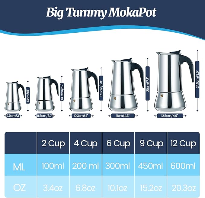 6 Cup Moka Pot Stainless Steel 300ml Italian Espresso Coffee Maker Stovetop CoffeeMakers Mocha Pot Percolator for Induction Stove Classic Cafe Makers Portable for Easy Brewing Tummy