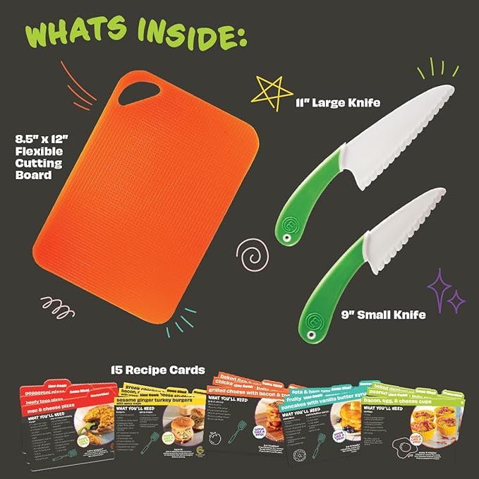 MasterChef Junior Kids Knife & Cutting Board Set- Includes Real Cutting Tools and 15 Cooking Baking Recipes- Silicone Non Slip Grip for Easy Use & Food Safe for Children- Party Activity Supplies Gift