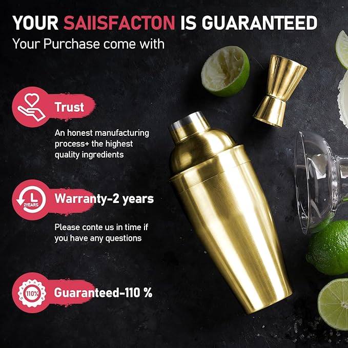 24oz Cocktail Shaker Set Martini Shaker Set Bartender Set with Margarita Mixer Drink Shaker, Measuring Jigger and Mixing Spoon - Professional 18/8 Stainless Steel Bar Tools for Mixed Drinks (Gold)
