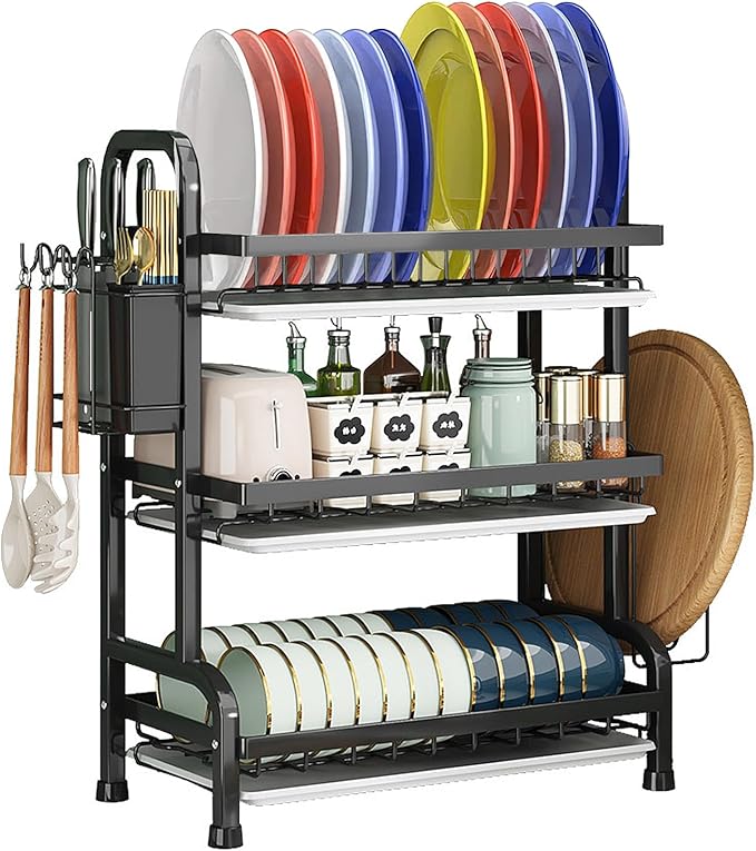 Dish Drying Rack,Dish Racks Drainer,Over The Sink Dish Drainer Drying Rack 3 Tier with Drain Tray,Chopsticks Rack,Knife Holder