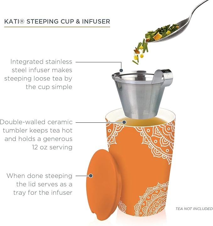Tea Forte Double-Walled Ceramic Kati Cup, Removable Stainless Steel Infuser Basket and Lid, Steeps 12 oz Loose Leaf Tea, Dishwasher & Microwave Safe, Gifts for Mom, Chakra