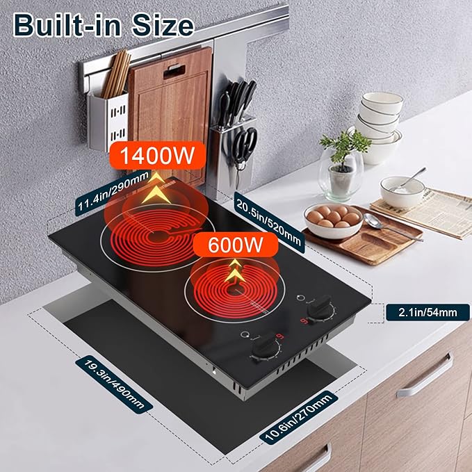 Karinear 110v Electric Cooktop 2 Burners, 12'' Electric Stove Top with Plug in, Knob Control Countertop & Built-in Ceramic Cooktop, 9 Heating Level, Hot Warning, Over-Temperature Protection