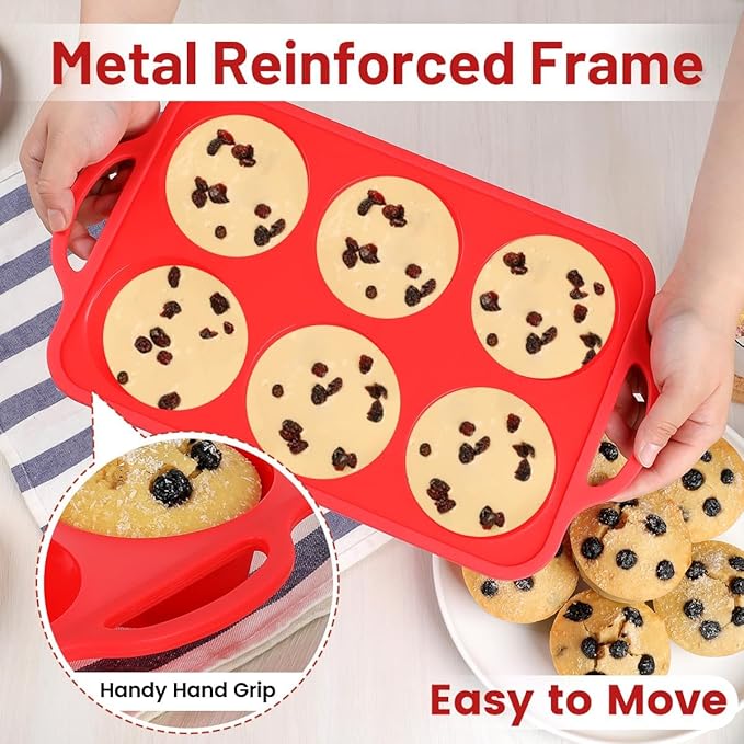 CAKETIME Jumbo Muffin Pan, 3.5 Inch Large Muffin Pan with Metal Reinforced Frame 6 Cup Silicone Jumbo Cupcake Pans for Baking Easy to Handle 2 Pack Red
