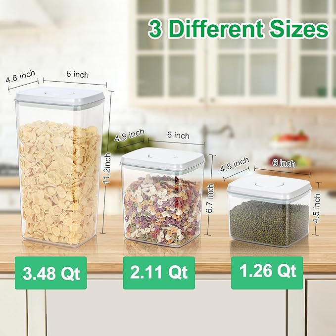 TBMax Flour Sugar Storage Container 3Pack 1.26+2.11+3.48 Quart, Airtight Food Storage Containers with Pop Up Lid & Measuring Scoop for Kitchen Pantry Organization