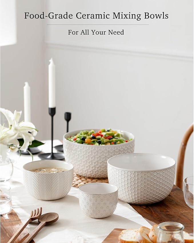 Ceramic Mixing Bowls, Embossed Nesting Bowls Set of 4, Mixing Bowl Set for Serving, Baking, Cooking and Gift, Microwave and Dishwasher Safe, 20/47/99/148 oz, Off-White