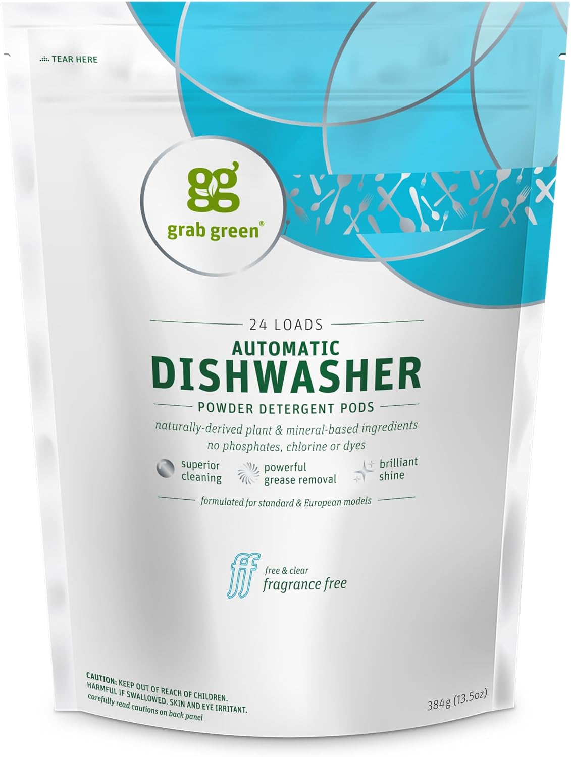 Grab Green Automatic Dishwashing Detergent Pods, 24 Count, Fragrance Free, Plant and Mineral Based, Superior Cleaning, Powerful Grease Removal, Brilliant Shine, Packaging May Vary