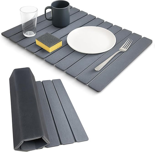 Large Stone Dish Drying Mats for Kitchen Counter , Quick Dry Absorbent Collapsible Dish Drying Mat With Rubber Sole, 23.4”(L)x15.4”(W) Diatomaceous Earth Mats for Dishes Bottles Cups