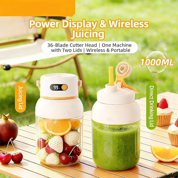 Portable Electric Juicer Cup with Zero Cord Hassle,Fresh Juice Mini Fast Portable,18000 Rpm High Speed with Digital Display&Leakproof Lid,Automatic Cleaning with Straw and Two Lids (1000ml/35.27oz)