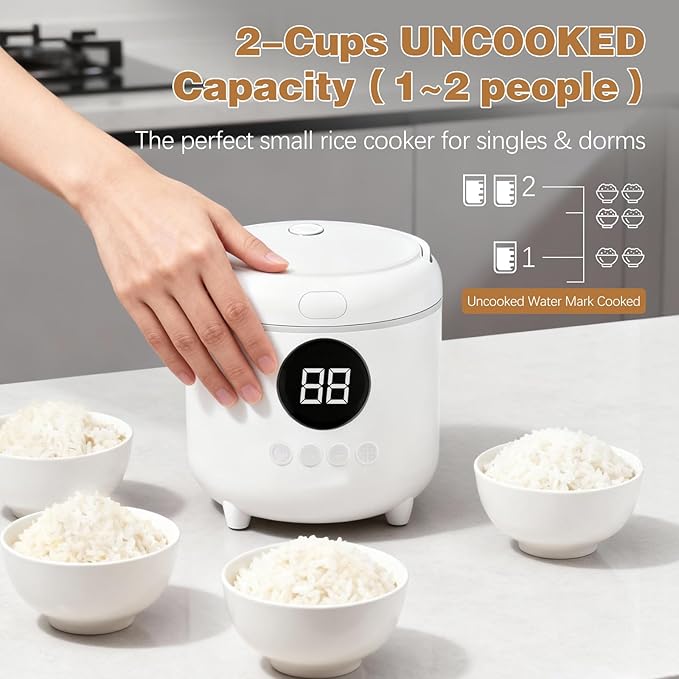 Small Rice Cooker, 2-Cups Uncooked/4-Cups Cooked with Handle, 6 Intelligent Cooking Modes for White Rice, Quinoa, Oatmeal - with Nonstick Inner Pot, Measuring Cup & Serving Spoon, 1.6L Capacity
