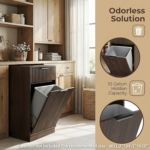 10 Gallon Tilt Out Trash Can Cabinet –Wooden Hidden Trash Can Cabinet,Pet Proof Garbage Recycling Cabinet with Storage for Kitchen Bathroom Living Room Walnut