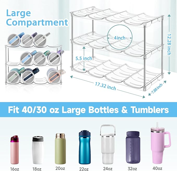 Stackable Water Bottle Organizer for Stanley 40 oz Tumbler, Larger Water Bottle Holder for Kitchen Cabinet, Pantry Organizers and Storage for Stanley Cup and Tumbler Organizer, Hold 12 Bottles