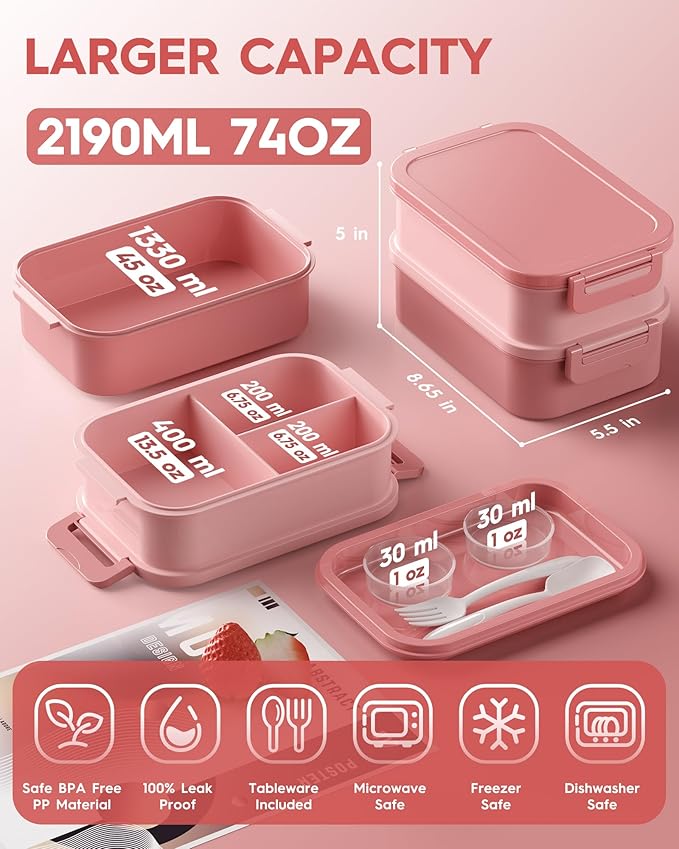 KEMETHY Adults Bento Lunch Box Set with Thermo Bag, 74oz Stackable Leak-proof 3-tiers Bento Box, Built-in Utensil and Sauce Container for Work, School, Dining Out (Pink)