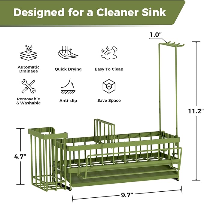 Sponge Holder for Kitchen Sink – Rustproof Stainless Steel with Detachable Drainboard, Brush Rack & Towel Bar | Compact, Non-Slip Design for Countertop Bathroom