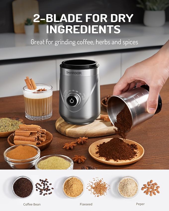 SHARDOR Electric Super Silent Blade Coffee Grinder, Timed Grind Control Rotary Knob, Adjustable Coarse to Fine for Coffee Beans, Spices & Herbs, with 2 Removable Stainless Steel Bowl, Sliver