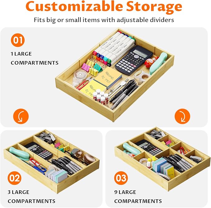 Bamboo Drawer Organizer with 9 Adjustable Compartments, Office Desk Organization Tray for Office Utensils, Supplies, Makeup, Jewelry, and More – Ideal for Desk or Drawer Storage