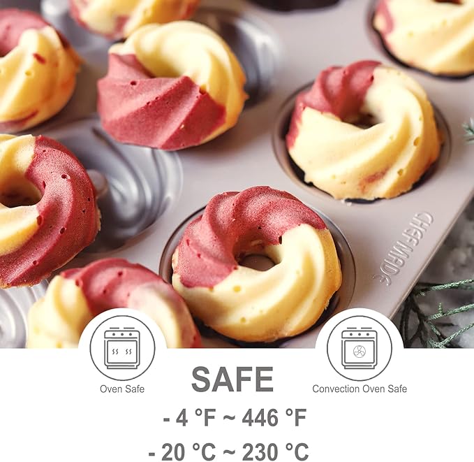 CHEFMADE Tube Cake Pan, 12-Cavity Non-Stick Cyclone Doughnut Bakeware for Oven Baking (Champagne Gold)