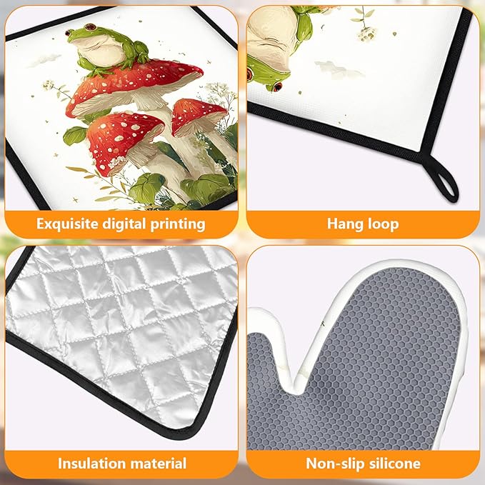 Frog Mushroom Oven Mitts and Pot Holders Sets 4Pcs Silicone Non-Slip Mitts Heat Resistant Gloves Hot Pads for Kitchen Cooking Baking Grilling BBQ