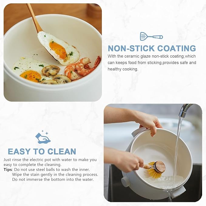 Electric Steamer for Cooking, 2L Ceramic Glaze Non-stick Pot, Dual Power Multi-functional Electric Cooker, Suitable for Steak, Pasta, Hot Pot, Ramen, Quick Heating and Overheat