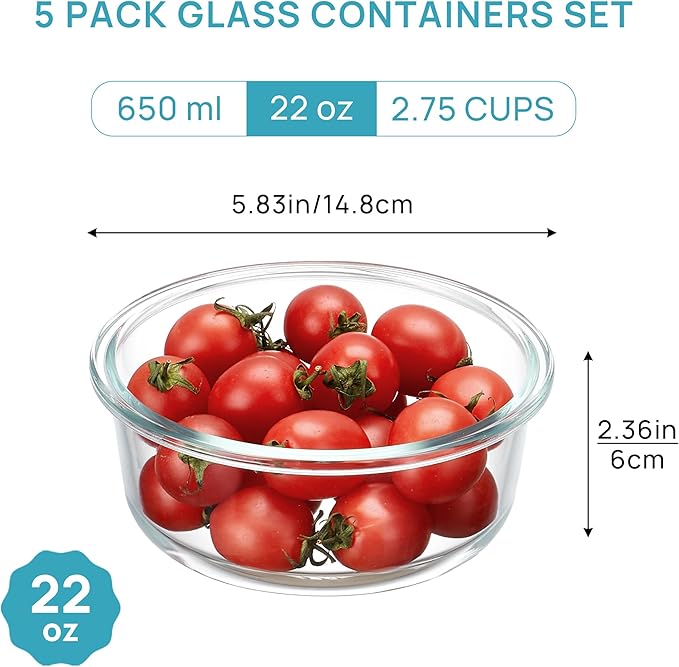 Vtopmart 5Pack 22oz Glass Storage Containers with Lids, Glass Meal Prep Food Container Sets with Snap Airtight Lids for Microwave, Oven, Freezer and Dishwasher, Green, Round