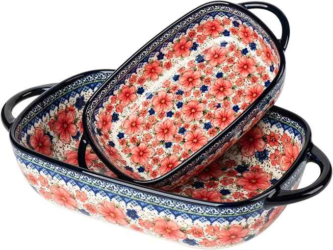 Baking Dish Ceramic Baking Pan Blue Casserole Dish Porcelain rectangular Baking Set 2pcs Bakeware Sets single serving size Lasagna Pan Baking Dishes for oven(Pum flower)
