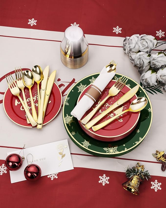 Goodluck 350 Piece Christmas Plates Sets for 50 Guests, Christmas Tableware Disposable for Party, Include 100Plates, 50Pack Pre Rolled Napkins with Silverware, 50Cups for Party, Wedding, Graduation