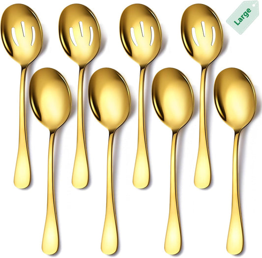 Gold Large Serving Spoons, 8 Pieces Large Stainless Steel Serving Spoons Set Includes 4 Large Serving Spoon,4 Large Slotted Spoons. Serving Spoons for Parties/Buffet, Dishwasher Safe, 10-Inch