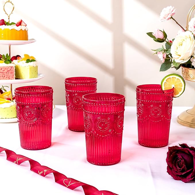 Ciaell 12 Pack Romantic Plastic Water Glasses - 14 Oz Red Vintage Drinking Glasses, Embossed Ribbed Plastic Cups, Textured Striped Set for Juice, Beverages, Beer, Cocktail & Mother's Day