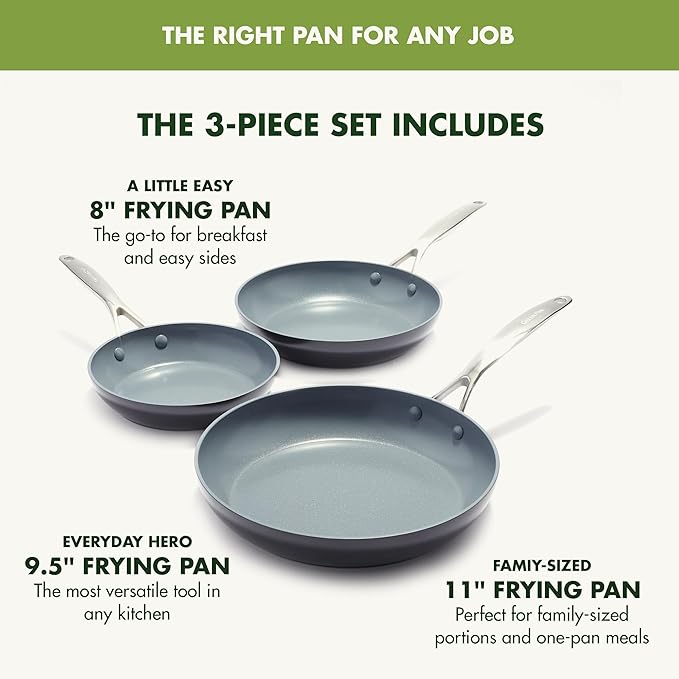 GreenPan Valencia Pro Ceramic Nonstick 8" 9.5" & 11" Fry Pan Skillet Set, Hard Anodized PFAS-Free, Induction Ready, Compatible on All Cooktops, Dishwasher Safe, Oven Safe to 600F, Gray