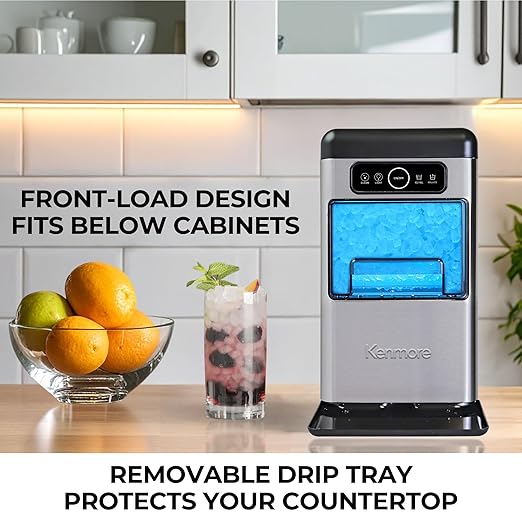 Kenmore Countertop Ice Maker Nugget Machine – Portable Self-Cleaning Máquina de Hacer Hielo para Casa, Crunchy Chewable Pebble Ice, 40lb/24hr Capacity, Stainless Steel