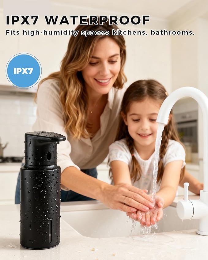 Automatic Liquid Soap Dispenser Touchless, 304 Stainless Steel Bottle Body &16.2oz/480ml Rechargeable, 3 Adjustable Liquid Levels, IPX7 Waterproof, for Kitchen Bathroom, Black