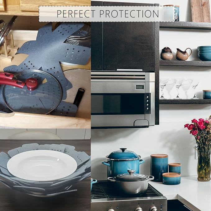 Pot and Pan Protectors 9 Pcs (12" 14" 16"), Gray Pan Protectors for Stacking, Pots and Pans Dividers, 3 Different Sizes, Avoid Scratching Cookware Protectors