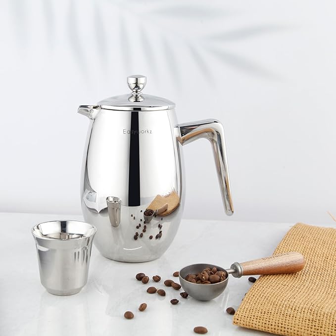 Easyworkz Nando French Press 34 oz Double Wall, Bundled with Retro Stainless Steel 10g Measuring Coffee Spoon, Silver