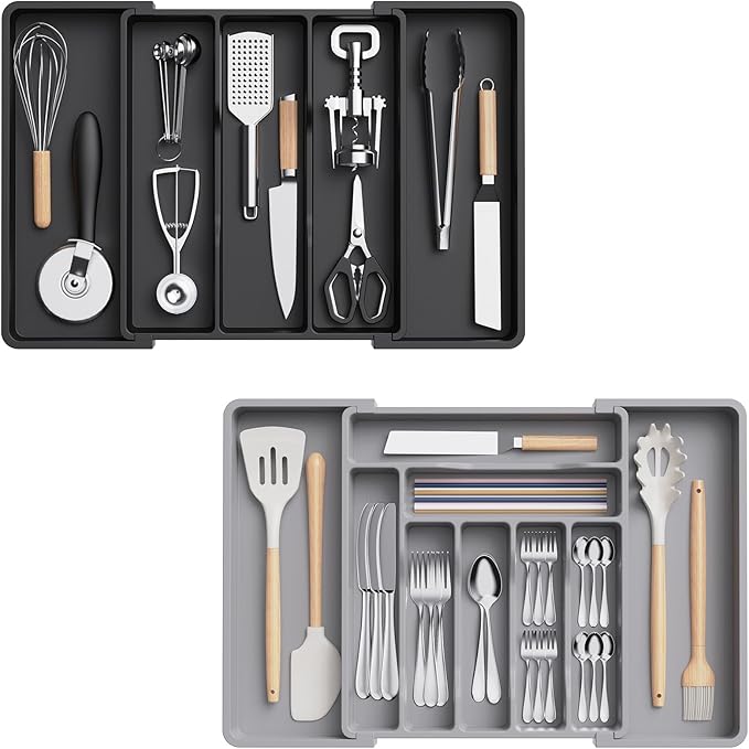 Lifewit Utensil Organizer for Kitchen Drawers, Expandable Utensil Organizer for Kitchen Drawers, Plastic Kitchen Spatula Tools and Gadgets Storage Divider