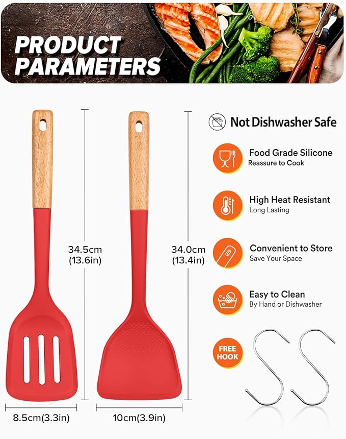 Silicone Wok Spatula Turner Set, Perfect for Scooping, Flipping, Lifting Pancakes and Picking up Veggies, BPA-Free Matte Silicone, Wooden Handles, Safe for Nonstick Cooking Surfaces (Red)