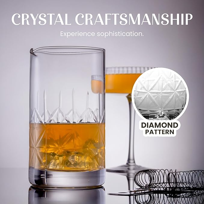 Mixology & Craft Commercial Grade Bar Mixing Glass – Includes 24oz Crystal Stirring Glass, Japanese Jigger, Bar Spoon, Muddler, and Hawthorne Strainer for Crafting Old Fashioned Cocktails at Home Bars