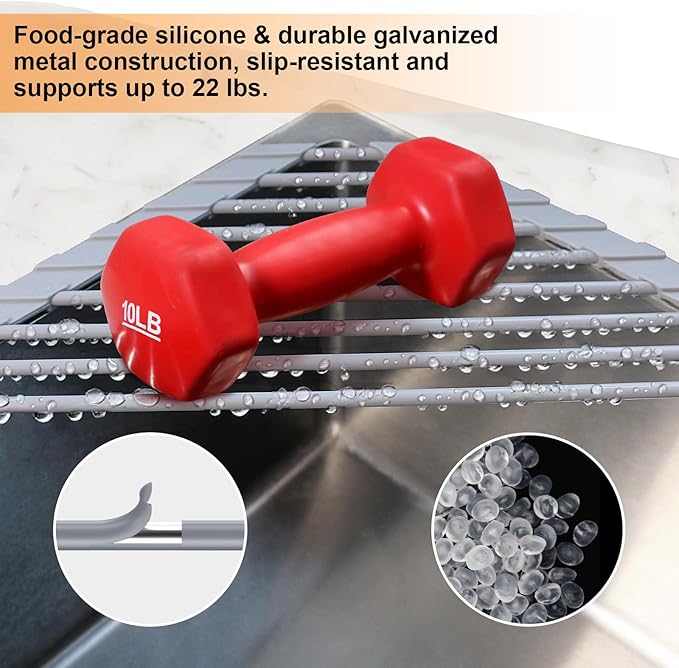 Corner Sink Caddy Kitchen Sink Organizer, Silicone Wrapped Triangle Roll Up Dish Drying Rack Over Sink Drainer Mat, Anti-Slip Sponge Holder Corner Shelf for RV Kitchen Sink Accessories Counter Storage