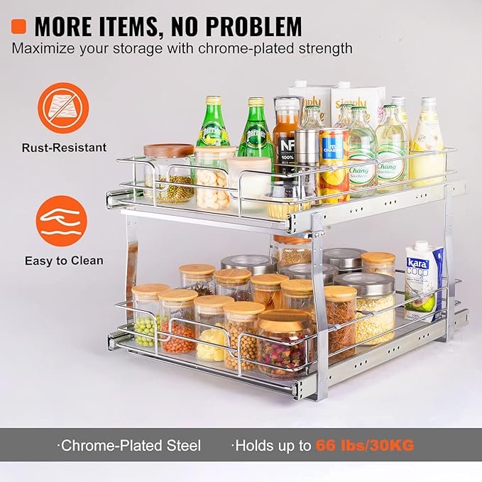 VEVOR 2 Tier 20"Wx21.2"Dx15.2"HPull Out Cabinet Organizer, Heavy Duty Slide Out Pantry Shelves, Steel Roll Out Drawers, Sliding Drawer Storage for Home, 21.5"Wx22.5"Dx19"H Install Size for Cabinet