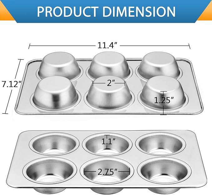 E-far Muffin Pan Set of 3, Stainless Steel Muffin Pan Tin for Baking, 6-Cup Metal Cupcake Pan Tray, Non-toxic & Healthy, Oven & Dishwasher Safe, Regular Size - 11.44 x 7.12 x 1.25 inch