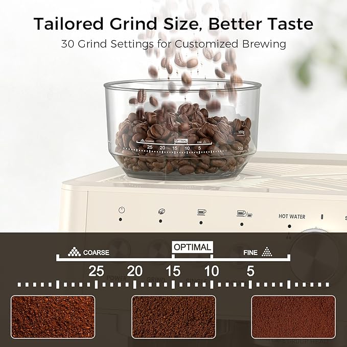 Kndko Espresso Machine with Grinder, 20 Bar Espresso Coffee Machines with Milk Frother Steam Wand, Espresso Maker for Latte, Cappuccino, Hot/Cold Brew, White